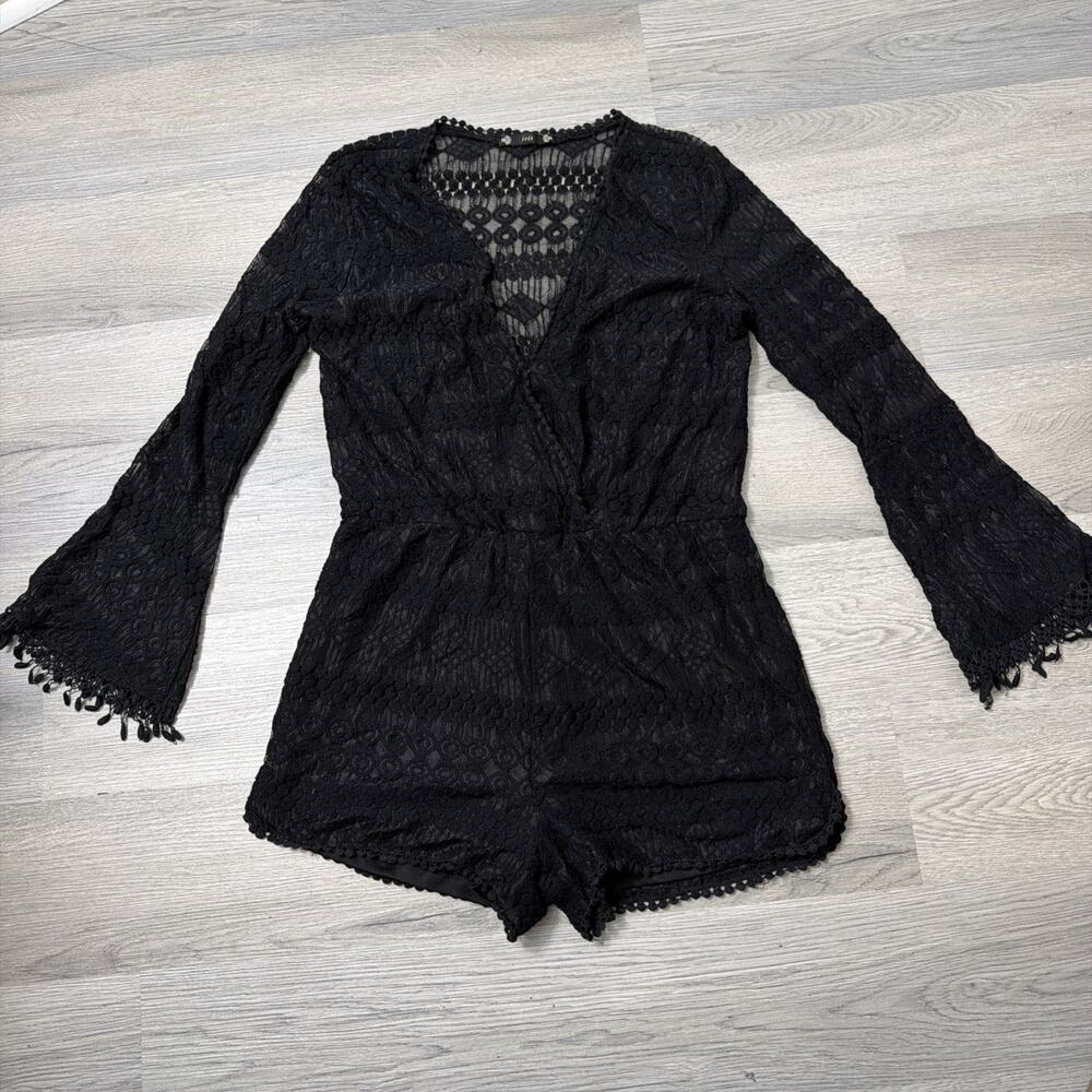 Iris Women's Black Jumpsuit Lace Long Sleeve Button Front Size S